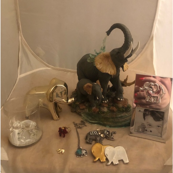 9 PC Elephant Home Decor & Jewelry Set: Necklace Frame Figurine Brooch